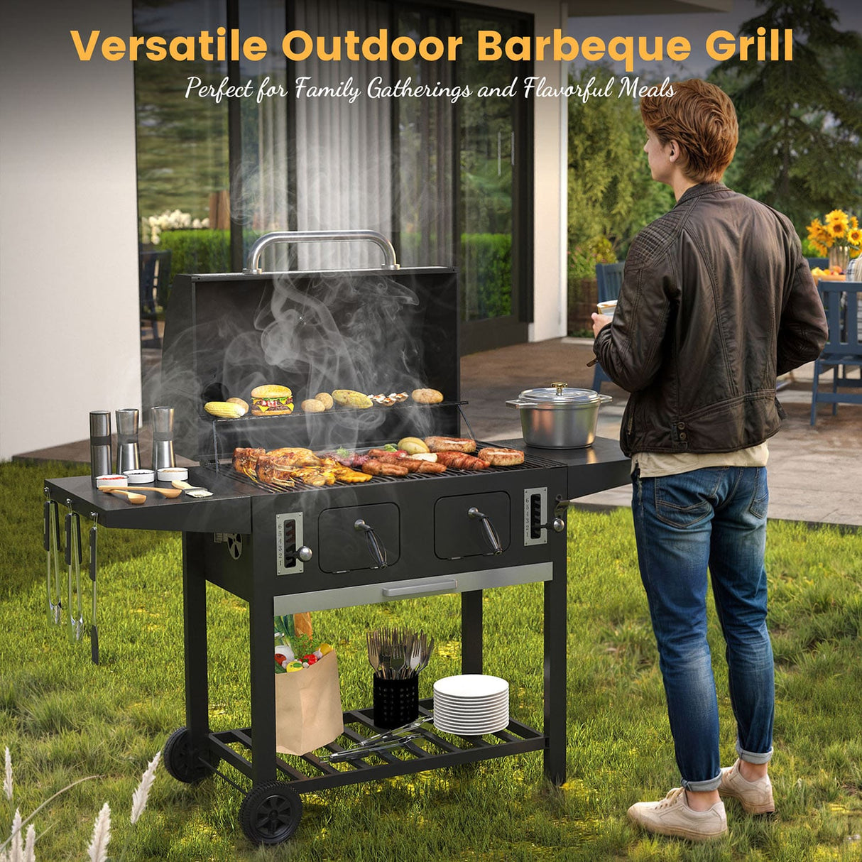 Vicllax Large Charcoal BBQ Grill with Side Tables Barbecue Smoker