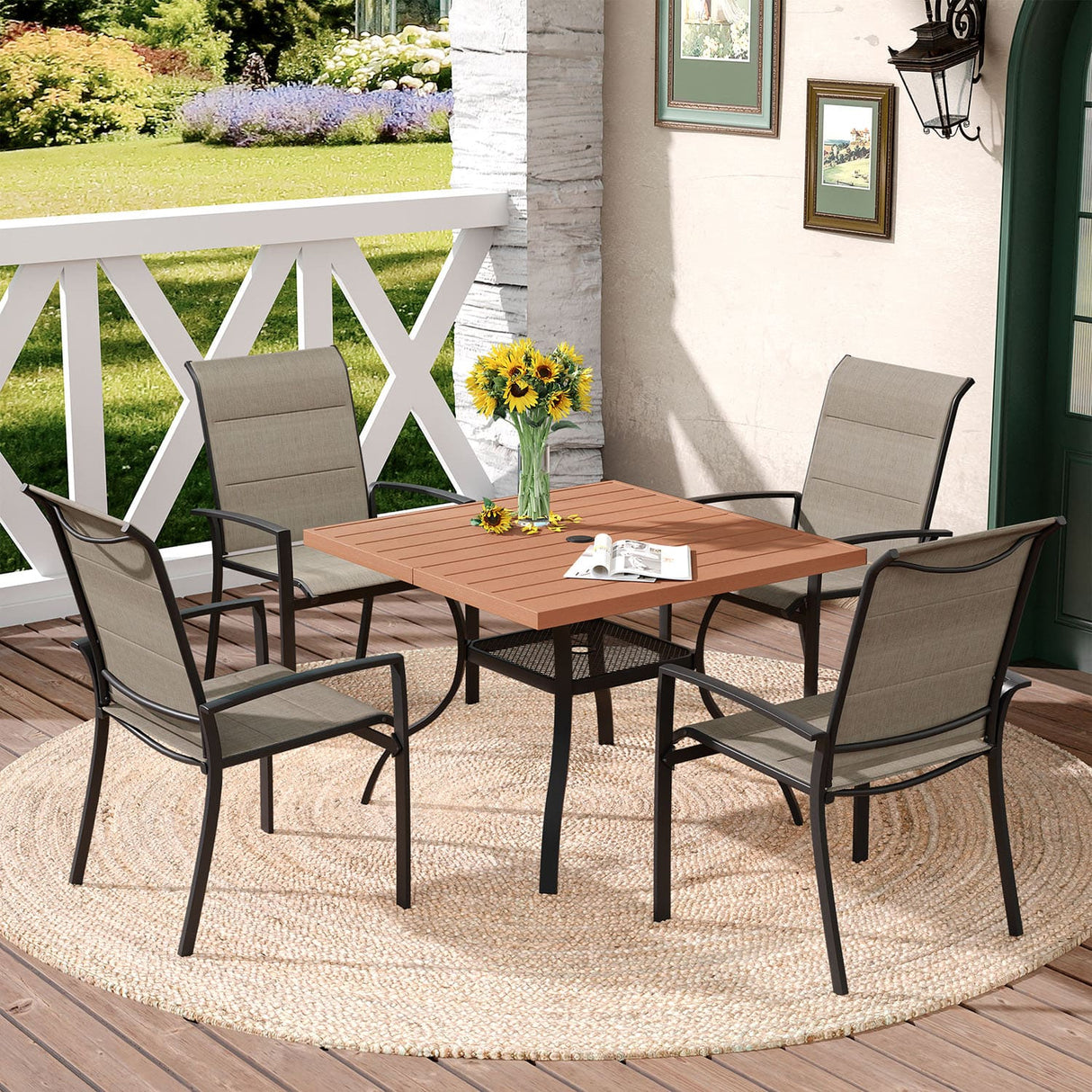 Vicllax Outdoor 38.8“ Plastic Dining Table, Patio Wood-Like Grain Square Table with Storage