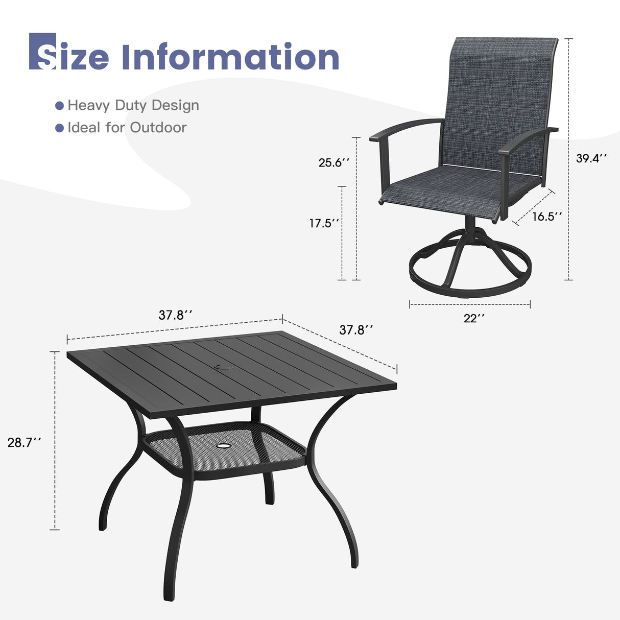 Vicllax 5 Pcs Outdoor Dining Set, Square Metal Table with Storage Shelf and 4 Swivel Chairs
