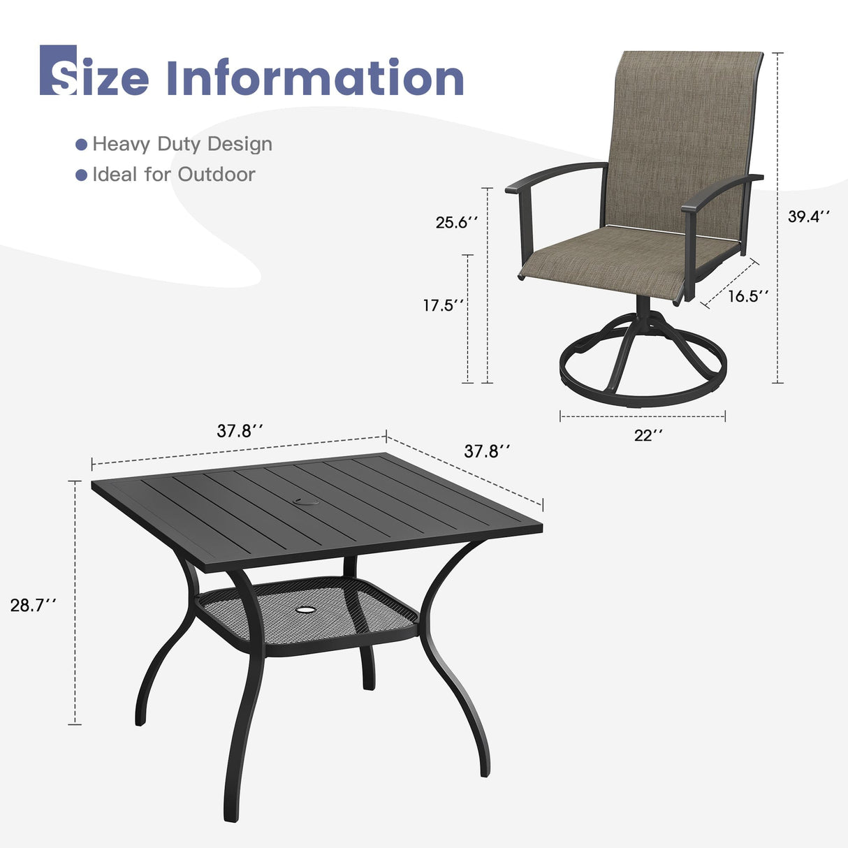 Vicllax 5 Pcs Outdoor Dining Set, Square Metal Table with Storage Shelf and 4 Swivel Chairs