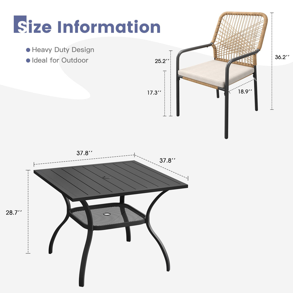 Vicllax 5 Pieces Outdoor Dining Set, 37.8"Square dining Table and Alora Stackable Chair