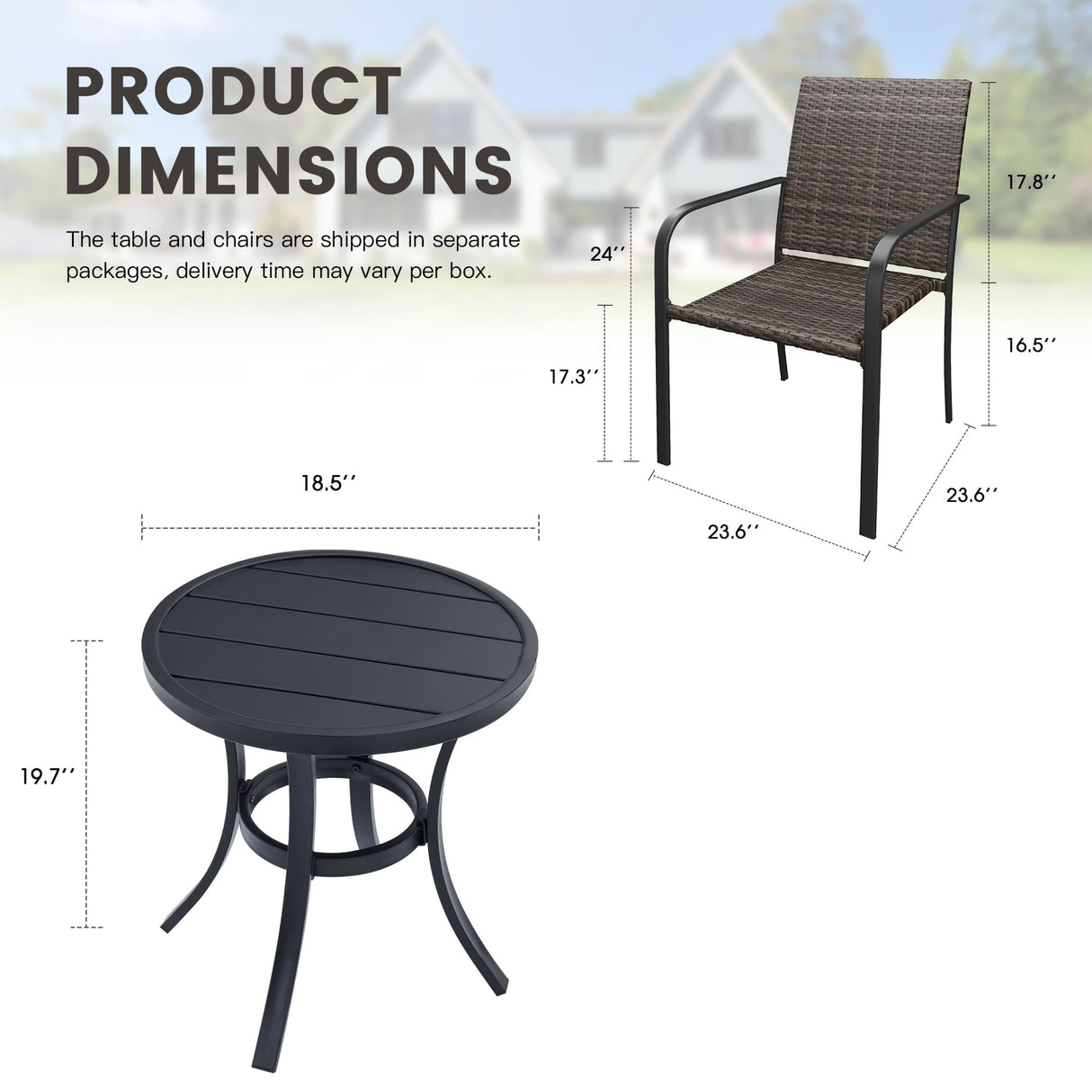 Vicllax 3 Pieces Outdoor Dining Set, 18.5" Outdoor Round /Square Dining Table and 2 Stackable Armchair, Bistro Set for Garden, Balcony & Backyard