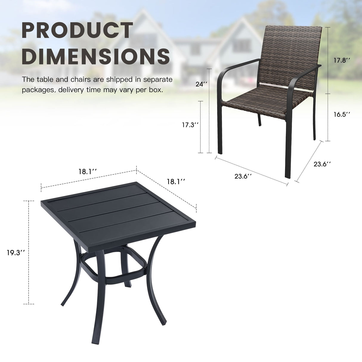 Vicllax 3 Pieces Outdoor Dining Set, 18.5" Outdoor Round /Square Dining Table and 2 Stackable Armchair, Bistro Set for Garden, Balcony & Backyard