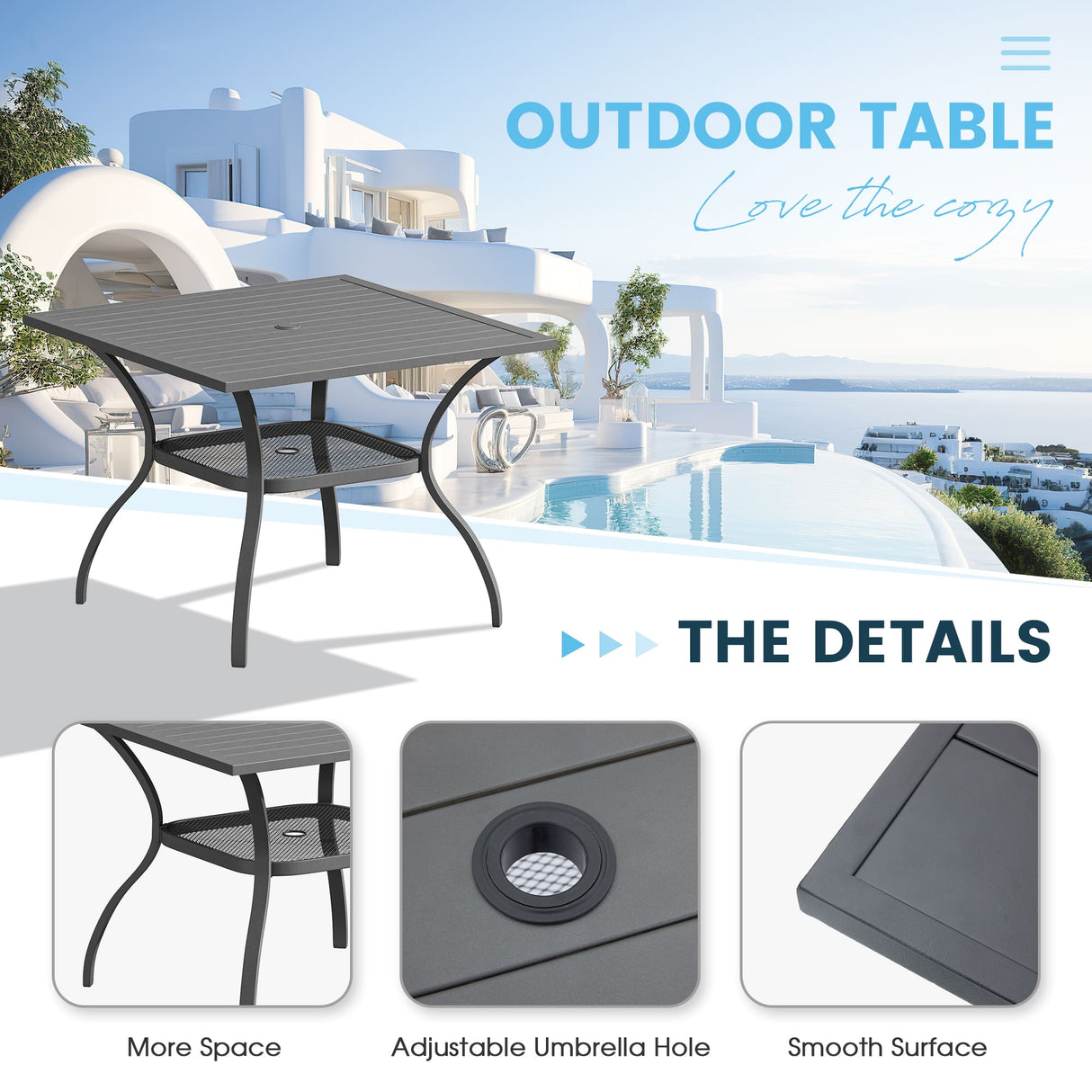Vicllax 5 Pieces Outdoor Dining Set, 37.8" Square Metal Table and Stackable Sling Chairs