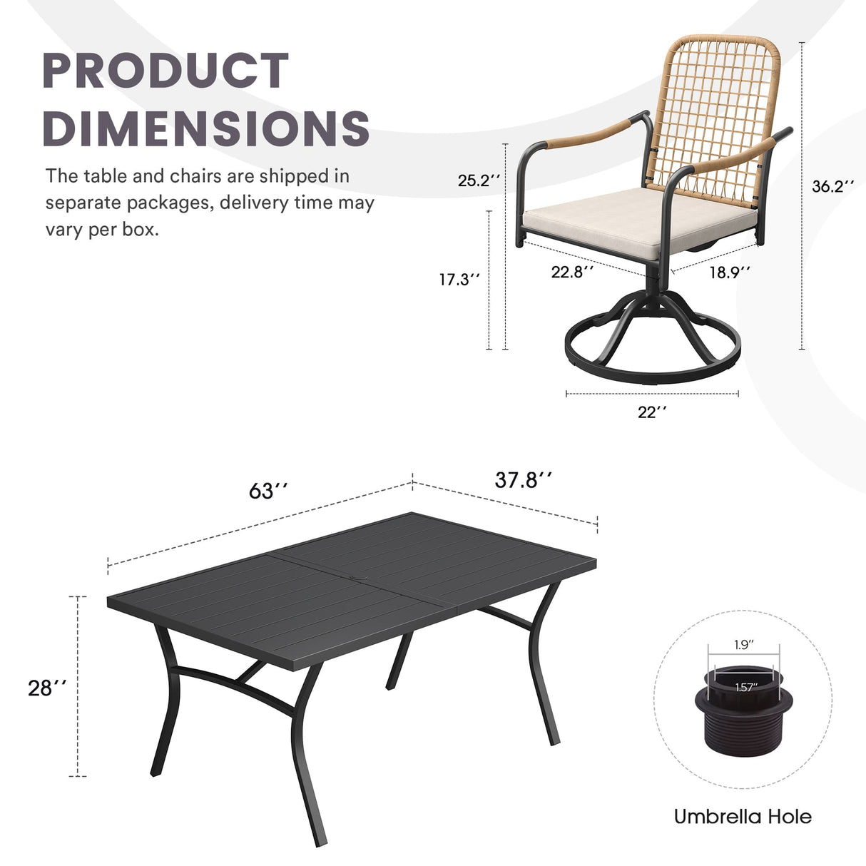 Vicllax 7 Pieces Outdoor Dining Set, Metal 63" Rectangular Table and Solana Swivel Chair