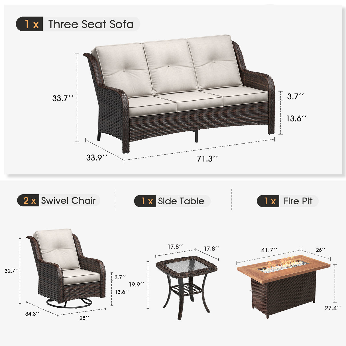 Vicllax Patio Wicker Oasis Lounge Set, 3-Seater, Swivel Chair with Fire table