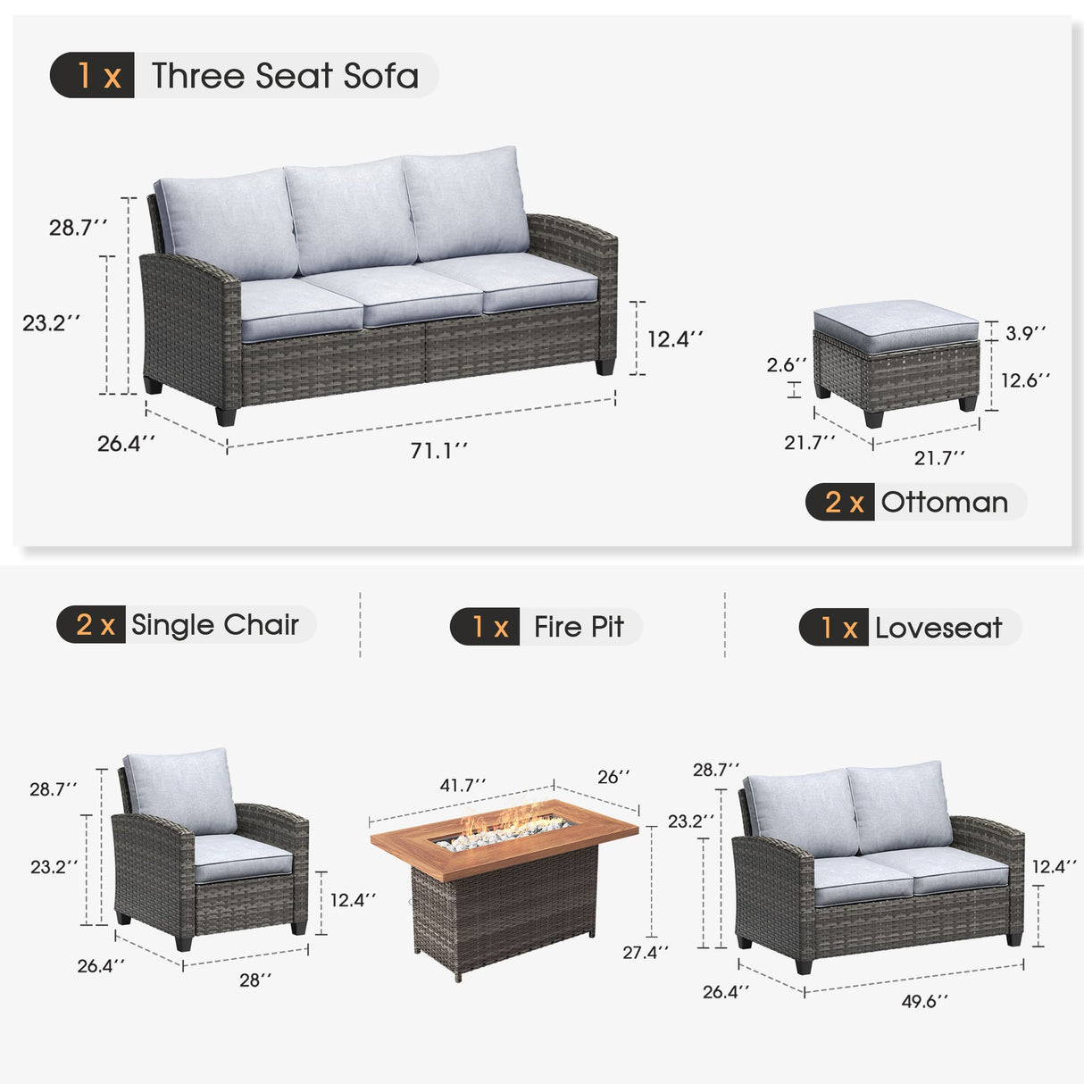 Vicllax Versatile Wicker Patio Set: 7 Seater with Fire Table & Ottoman