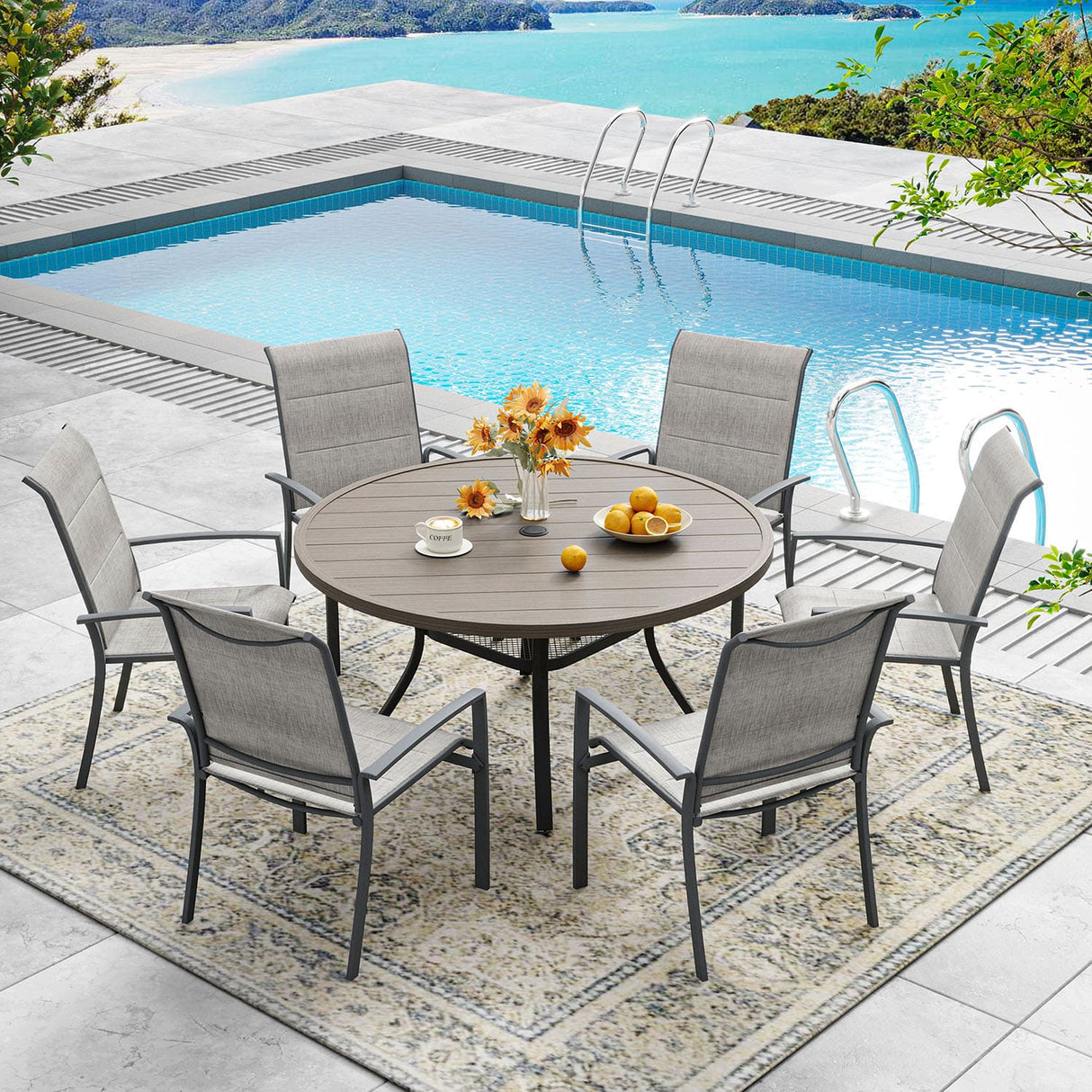Vicllax 5/7/9 Pcs Outdoor Dining Set, Round Metal Table and Stackable Padded Chair