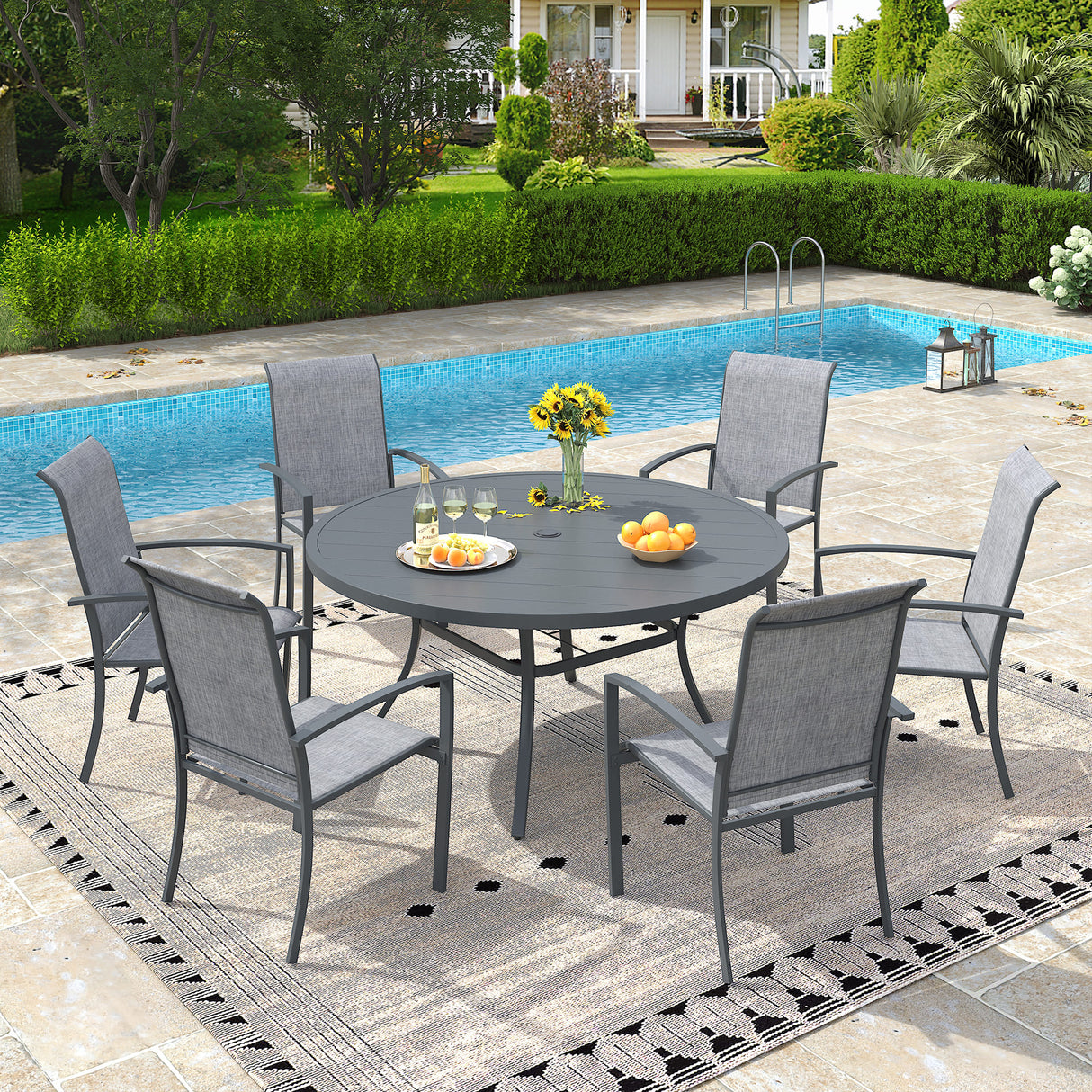 Vicllax 7-Piece Outdoor Dining Set, 50” Round Metal Table & Skyline Stackable Chair