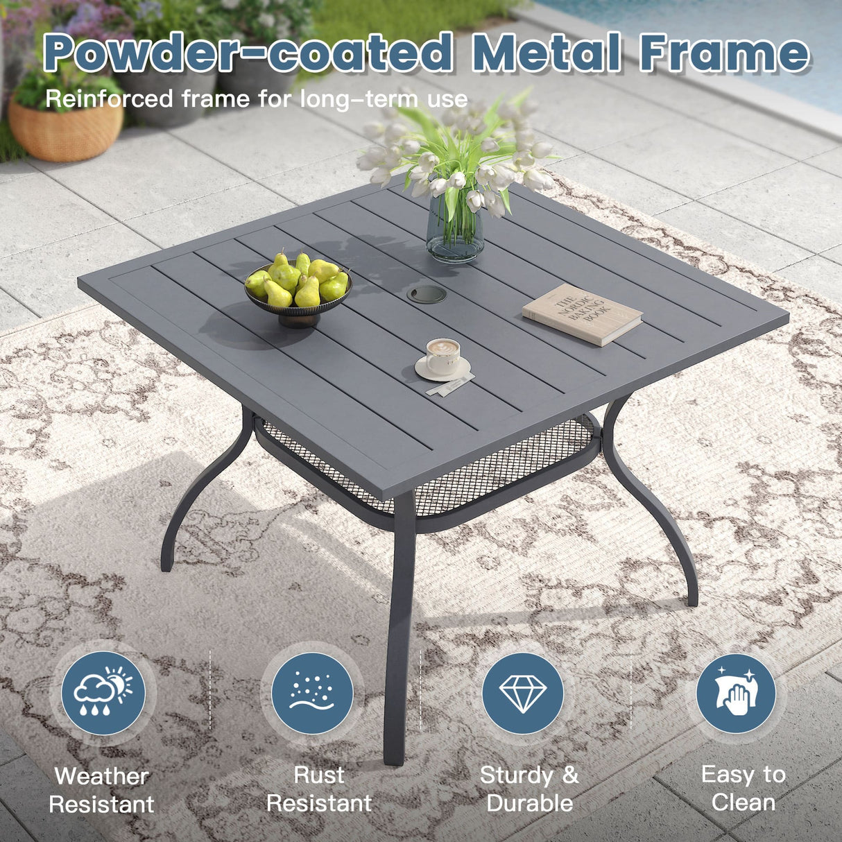Vicllax 5 Pcs Outdoor Dining Set, Square Metal Table with Storage Shelf and 4 Swivel Chairs