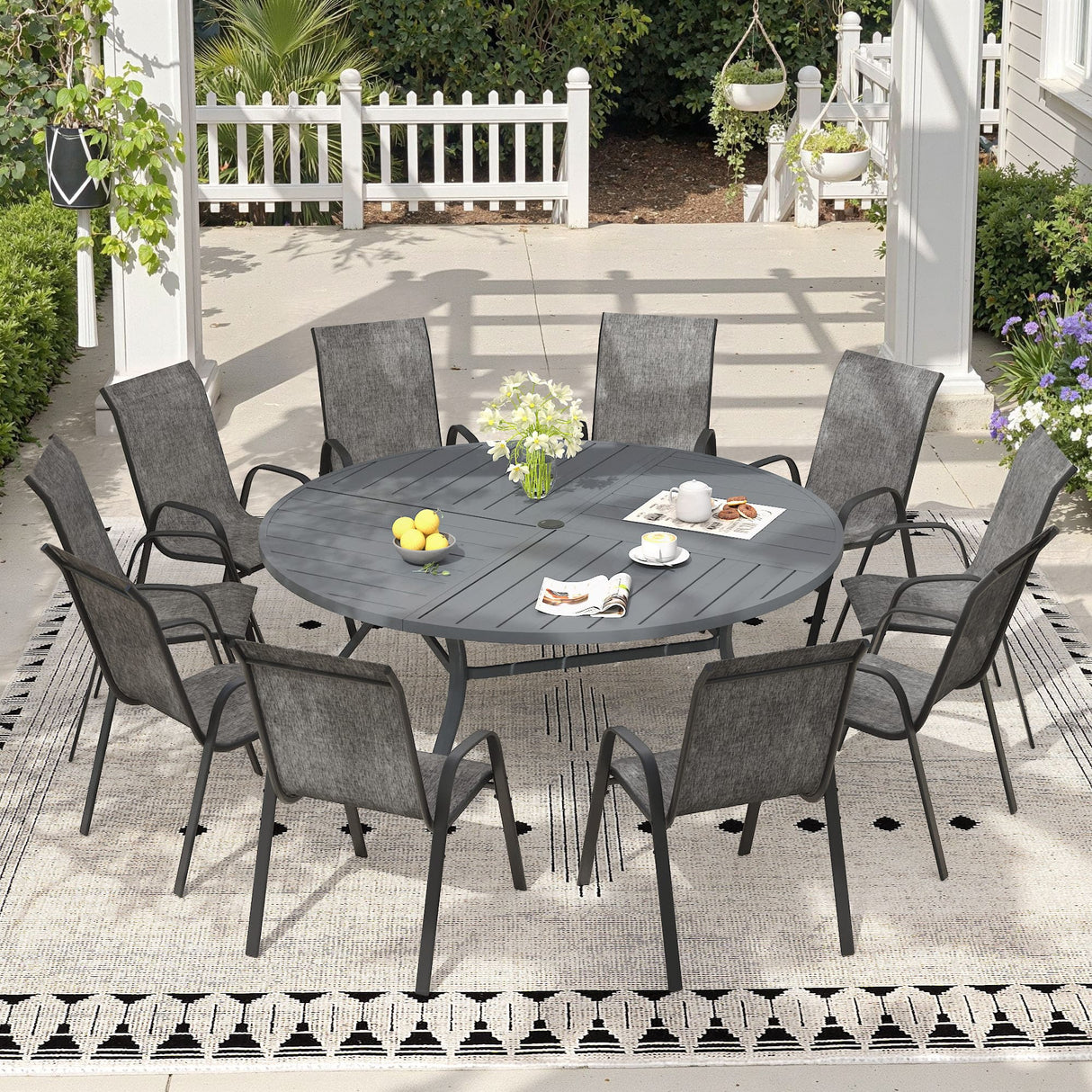 Vicllax 11 PCS Patio Dining Table Set, 60" Round Metal Table and Horizon Stackable Chair