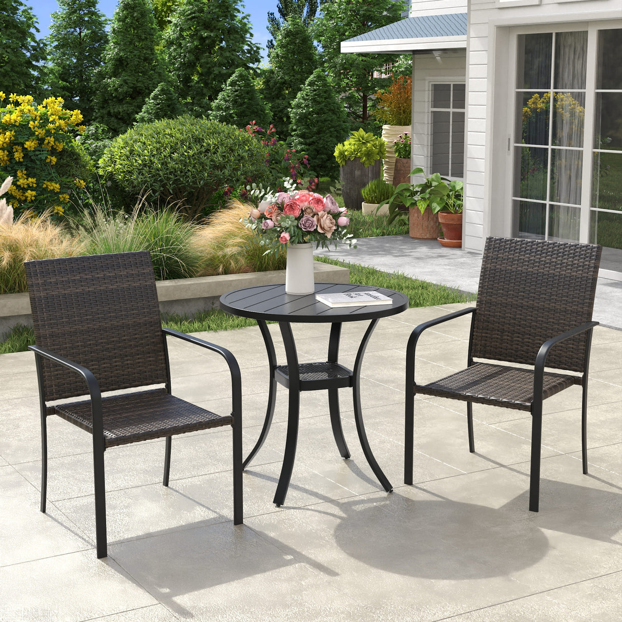 Vicllax 3 Pieces Outdoor Dining Set, 27.6" Outdoor Round dining Table and 2 Stackable Metal Armchair, Bistro Set for Garden, Balcony & Backyard