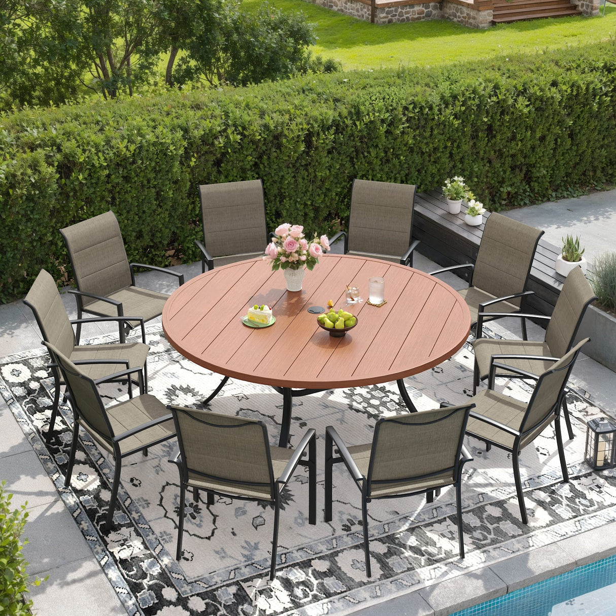 Vicllax 9/11 Pcs Outdoor Dining Set, 53"/ 60" Round Metal Table and Stackable Padded Chair