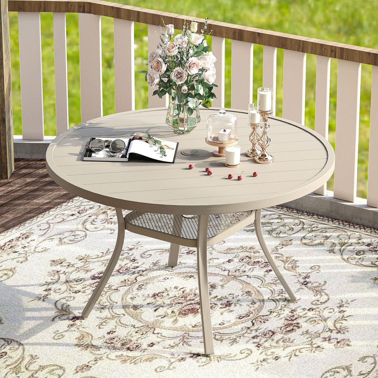 Vicllax Outdoor Round Metal Dining Table with Umbrella Hole for 4, 6