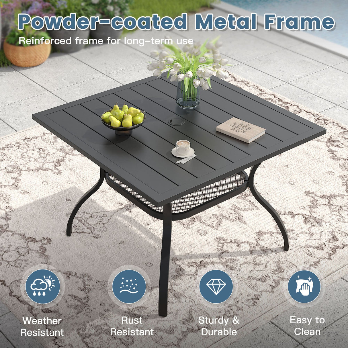 Vicllax 5 Pcs Outdoor Dining Set, Square Metal Table with Storage Shelf and 4 Swivel Chairs