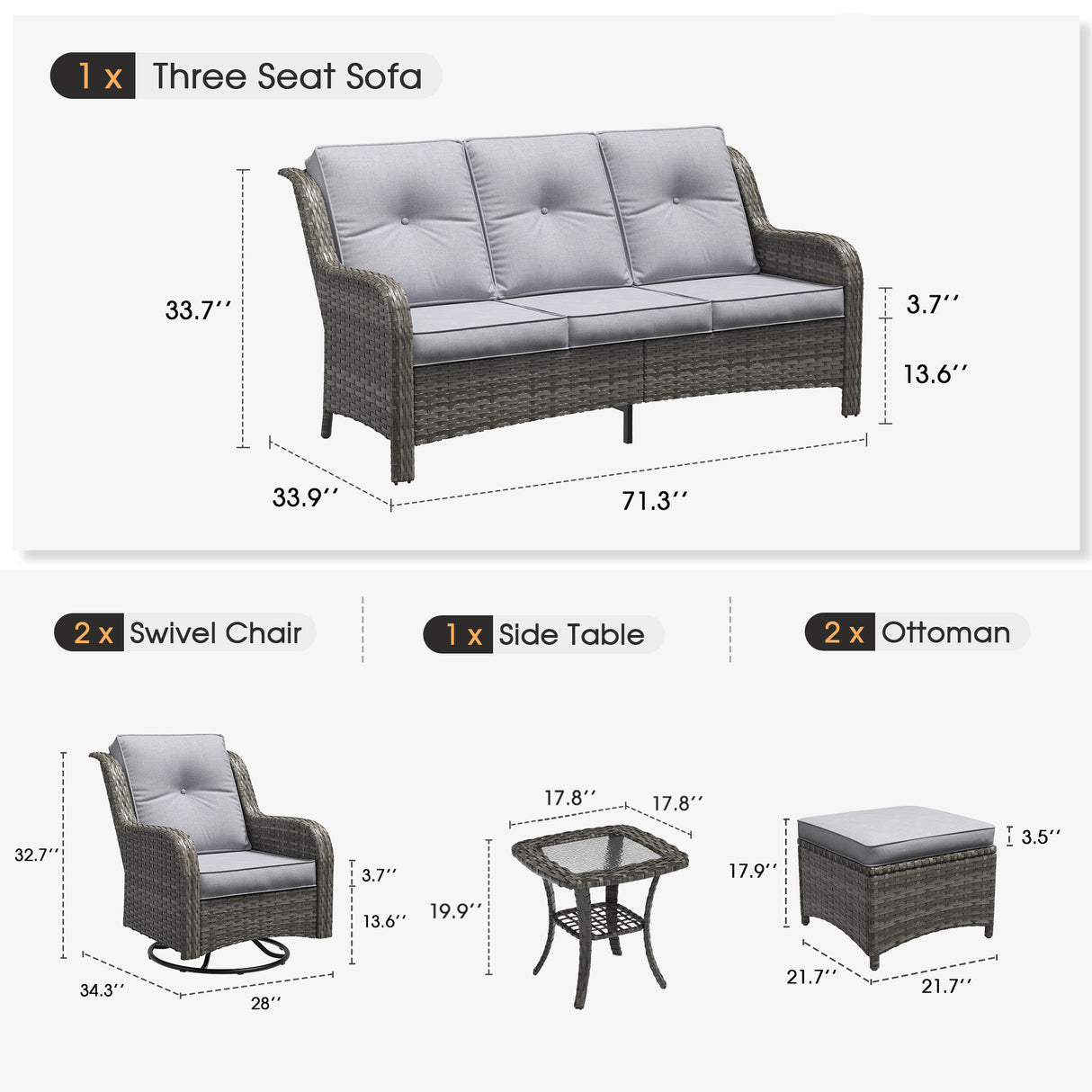 Vicllax 4 Pieces Patio Wicker Oasis Lounge Set, 3-Seater with Ottoman