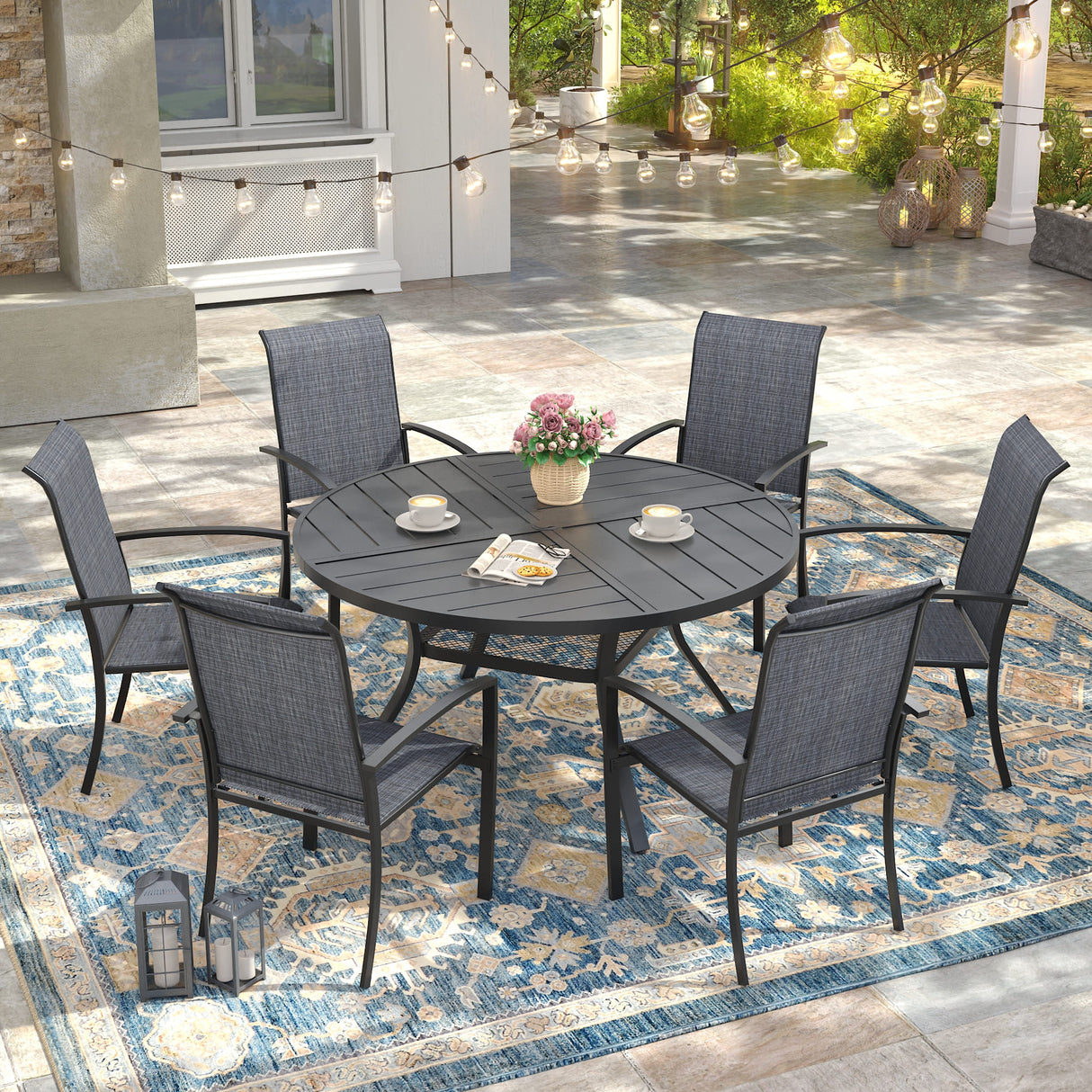 Vicllax 7 PCS Patio Dining Table Set, 47" Round Metal Table with Shelf and Skyline Stackable Chair