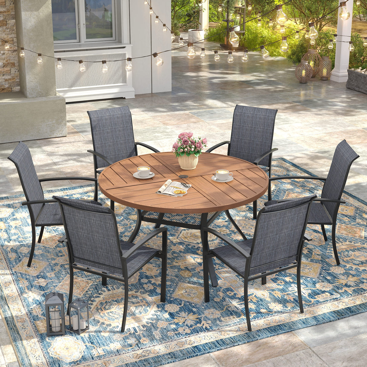 Vicllax 7 PCS Patio Dining Table Set, 47" Round Metal Table with Shelf and Skyline Stackable Chair