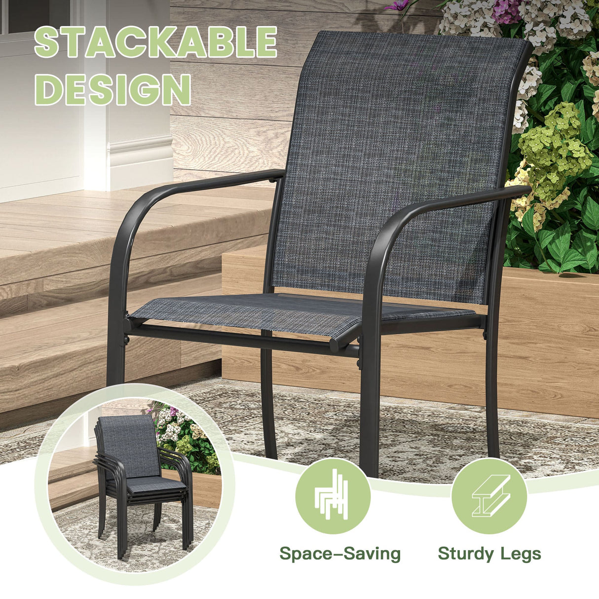 VICLLAX 5/7 PCS Patio Dining Table Set, Round Metal Table with Shelf and Stackable Sling Chair