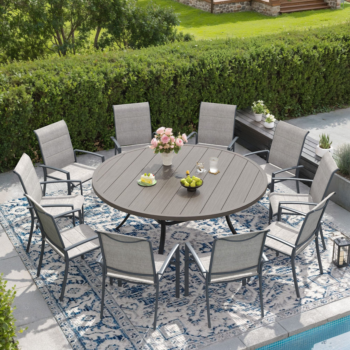 Vicllax 9/11 Pcs Outdoor Dining Set, 53"/ 60" Round Metal Table and Stackable Padded Chair