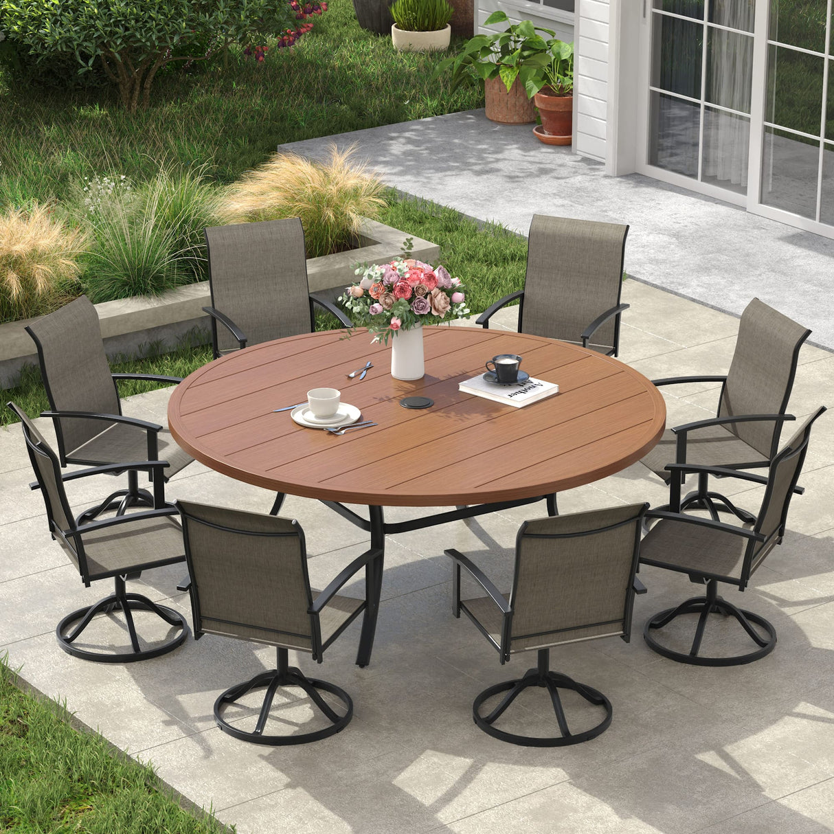 Vicllax Outdoor Dining Set for 8 People, Patio 60" Round Table with 8 Swivel Chairs