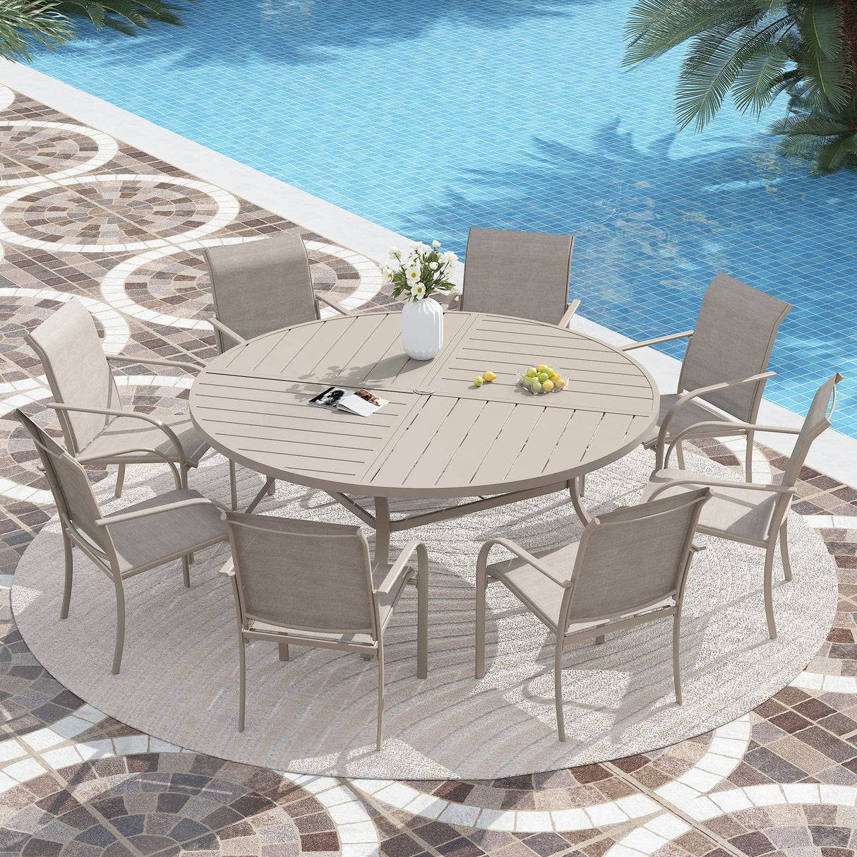 VICLLAX 7/9/11 PCS Patio Dining Table Set, Round Metal Table and Stackable Sling Chair
