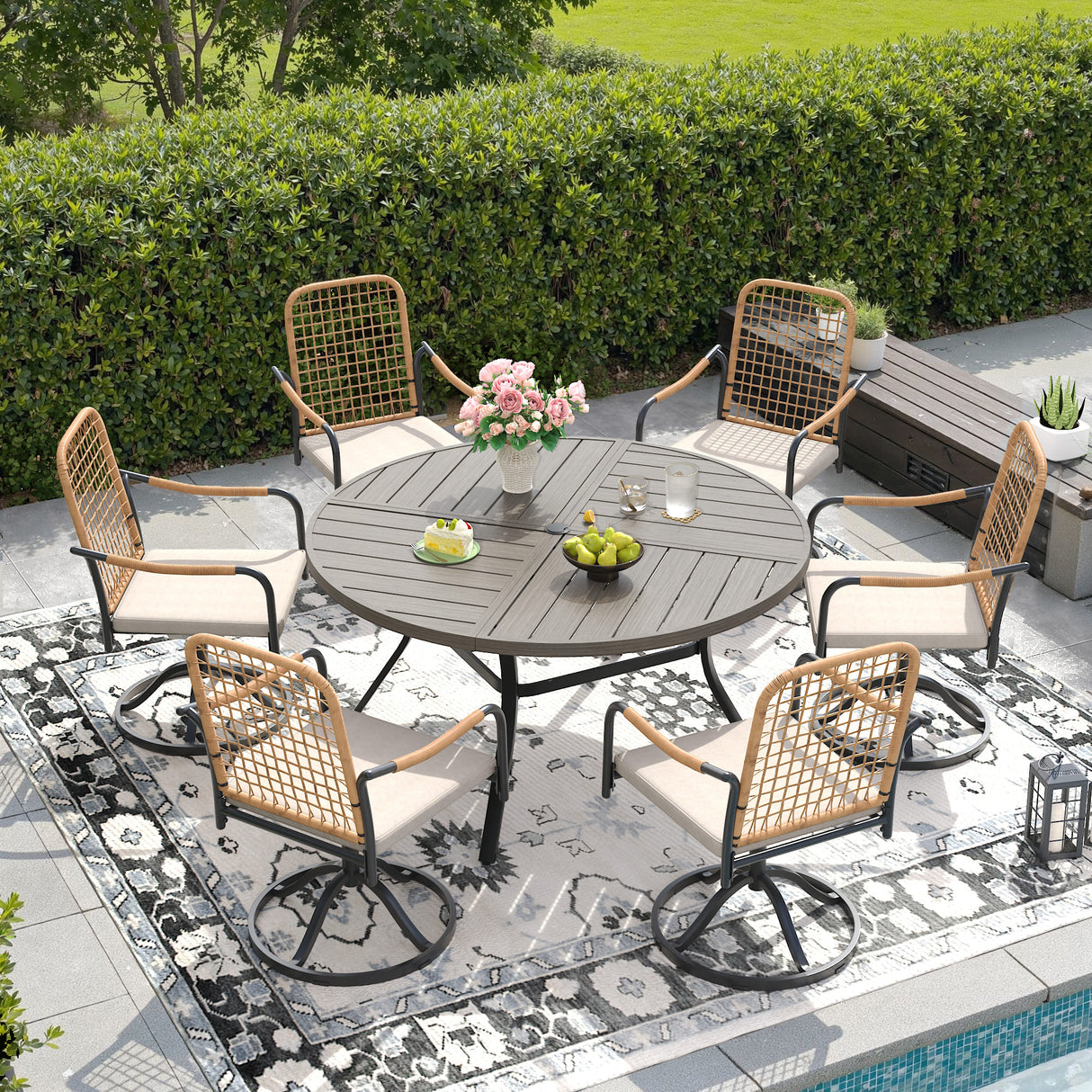 VICLLAX 7-Piece Outdoor Dining Set, 50” Round Metal Table with Umbrella Hole & Solana Swivel Chair