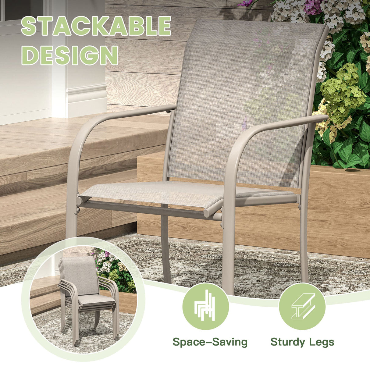 VICLLAX 5/7 PCS Patio Dining Table Set, Round Metal Table with Shelf and Stackable Sling Chair