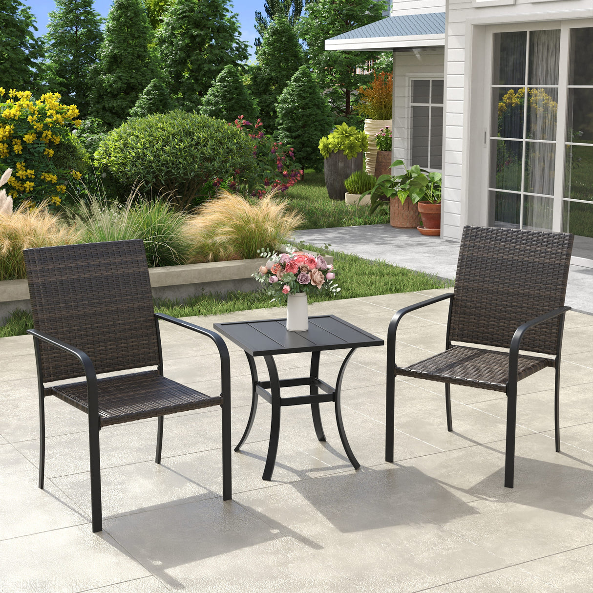 Vicllax 3 Pieces Outdoor Dining Set, 18.5" Outdoor Round /Square Dining Table and 2 Stackable Armchair, Bistro Set for Garden, Balcony & Backyard