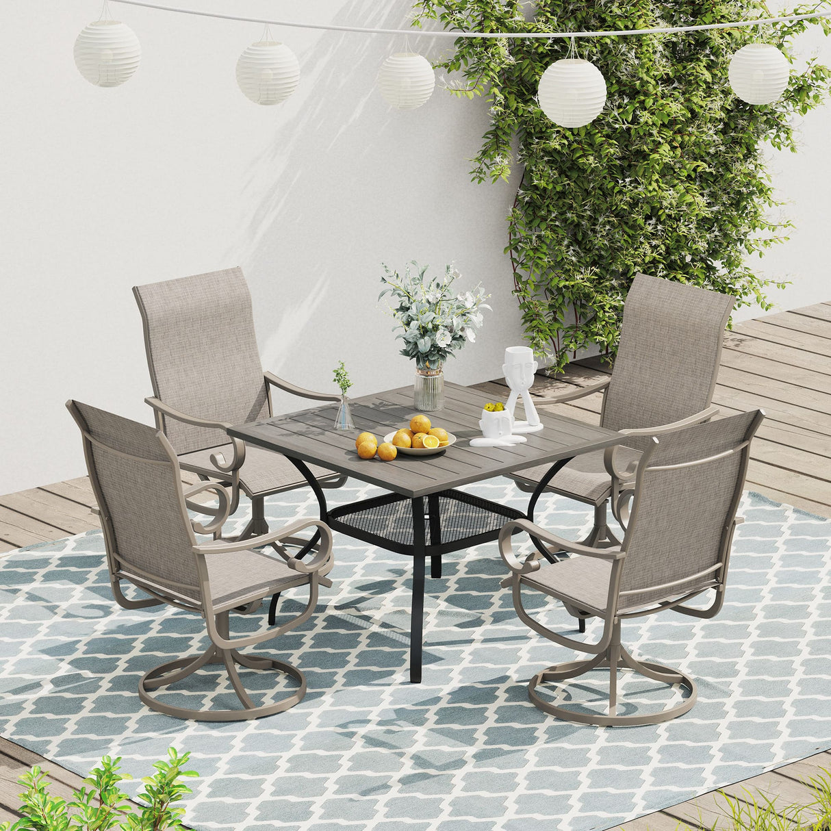 Vicllax 5 Pieces Outdoor Dining Set, 37.8" Metal Sqaure Table with Storage Shelf and Swivel Dining Chairs