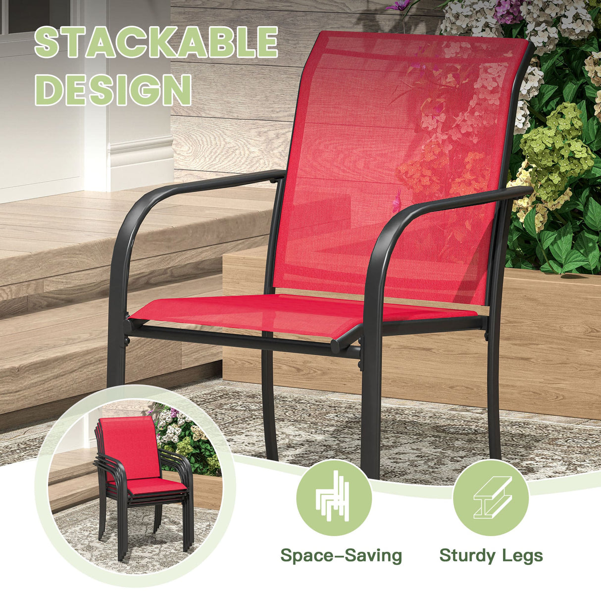 VICLLAX 5/7 PCS Patio Dining Table Set, Round Metal Table with Shelf and Stackable Sling Chair