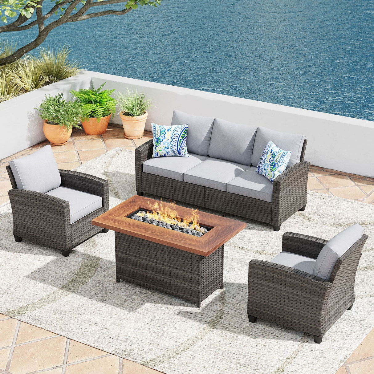 VICLLAX Versatile Wicker Patio Set: 5 Seater with Fire Table/Ottoman