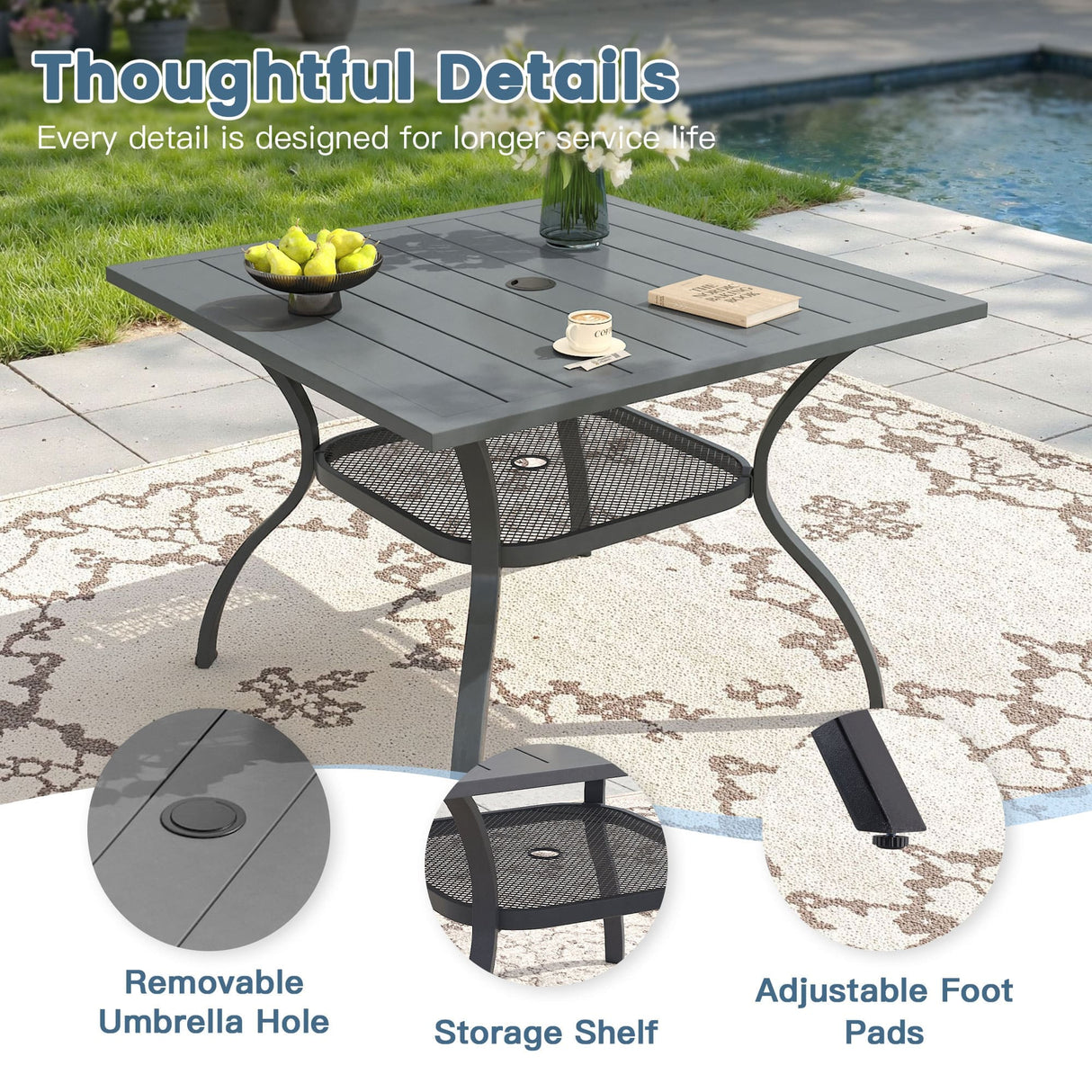 Vicllax 5 Pcs Outdoor Dining Set, Square Metal Table with Storage Shelf and 4 Swivel Chairs
