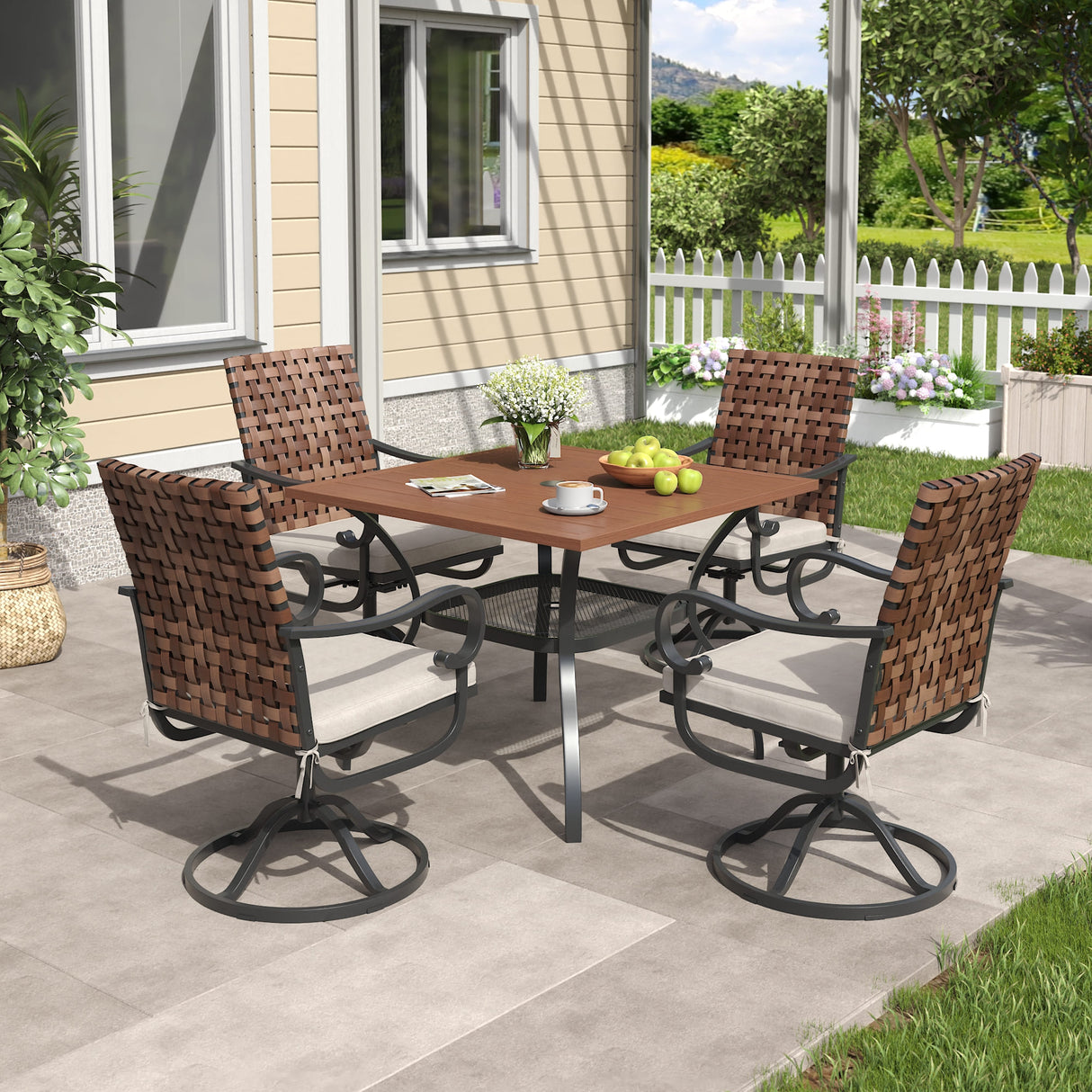 Vicllax 5 Pieces Outdoor Dining Set, 37.8"Square dining Table and Sierra Swivel Chair