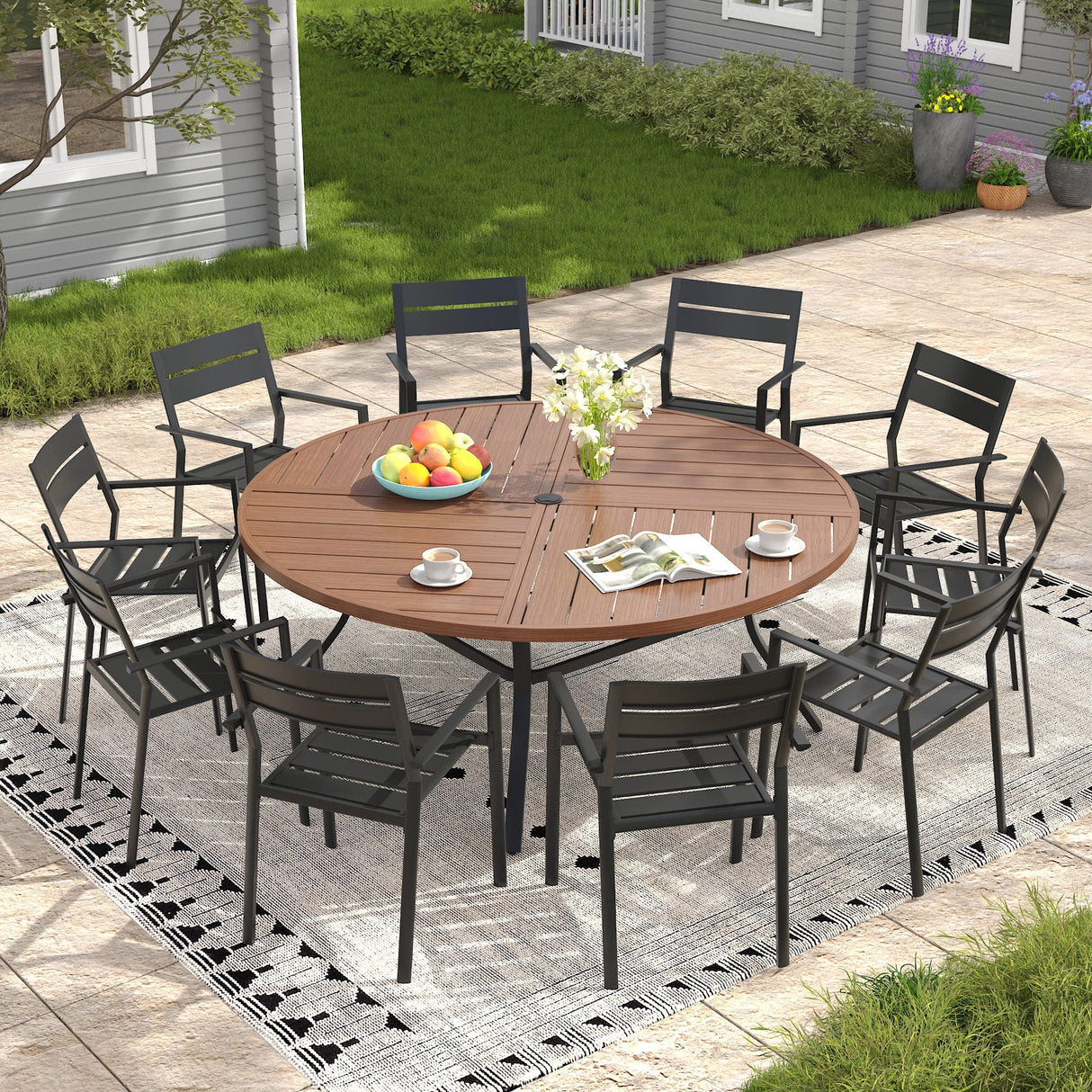 Vicllax Mesa redonda para patio de 42" con estante de almacenamiento y orificio para sombrilla ajustable