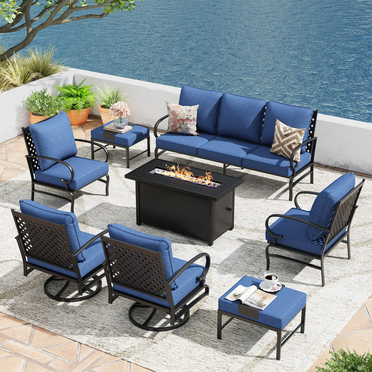 Vicllax Outdoor Patio Conversation Sofa Set with Cushioned Sofa Chairs and Metal Rectangular Fire Pit, Blue