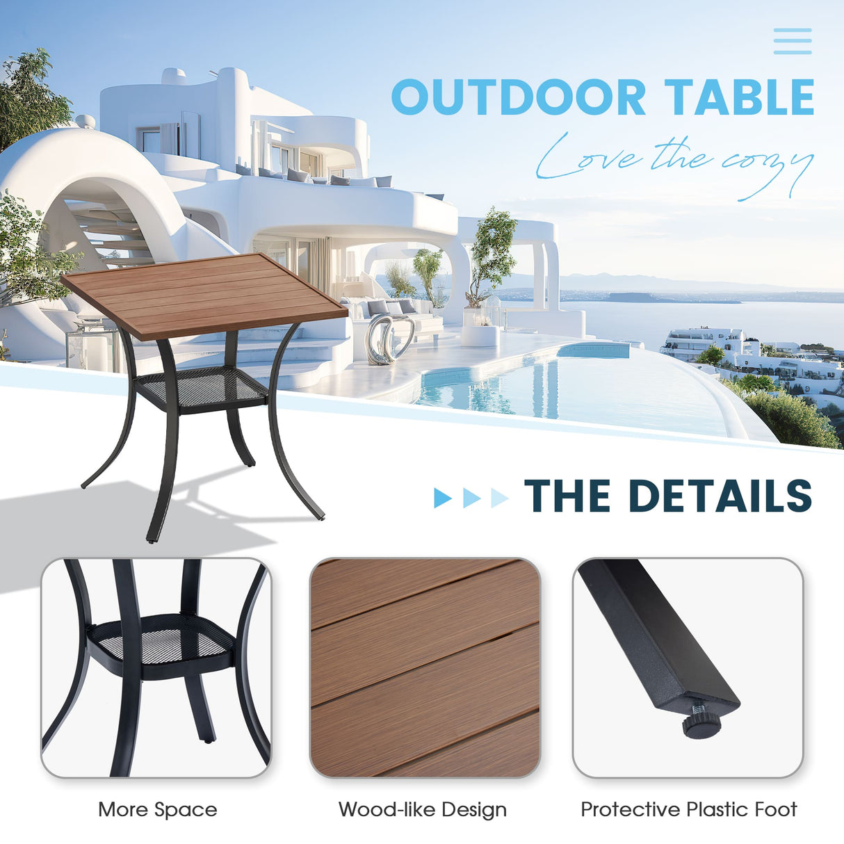 Vicllax 3 Pieces Outdoor Dining Set, 27.6" Square dining Table and 2 Stackable Metal Armchairs
