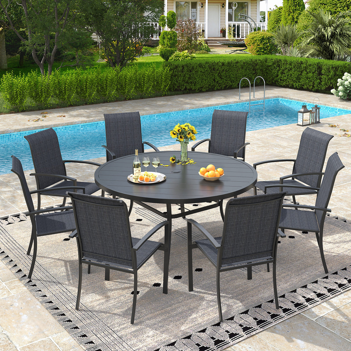 Vicllax 9 PCS Patio Dining Table Set, 53" Round Metal Table and Skyline Stackable Chair