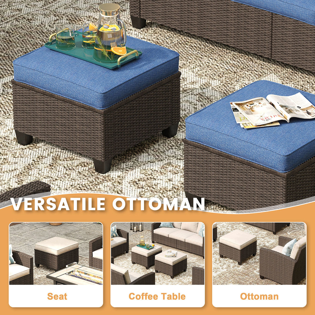 Vicllax Patio Sofa Set, Wicker Outdoor Conversation Set with Cushioned Sofa Chairs and Ottomans