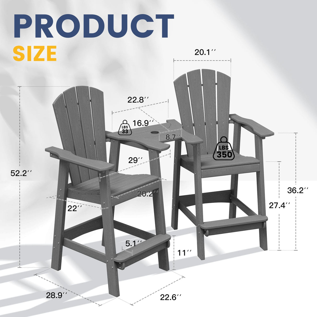 Vicllax Outdoor HDPE Adirondack Bar Chair, Patio Bar Stools with Umbrella Hole