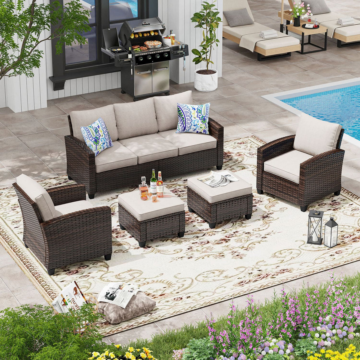 VICLLAX Versatile Wicker Patio Set: 5 Seater with Fire Table/Ottoman