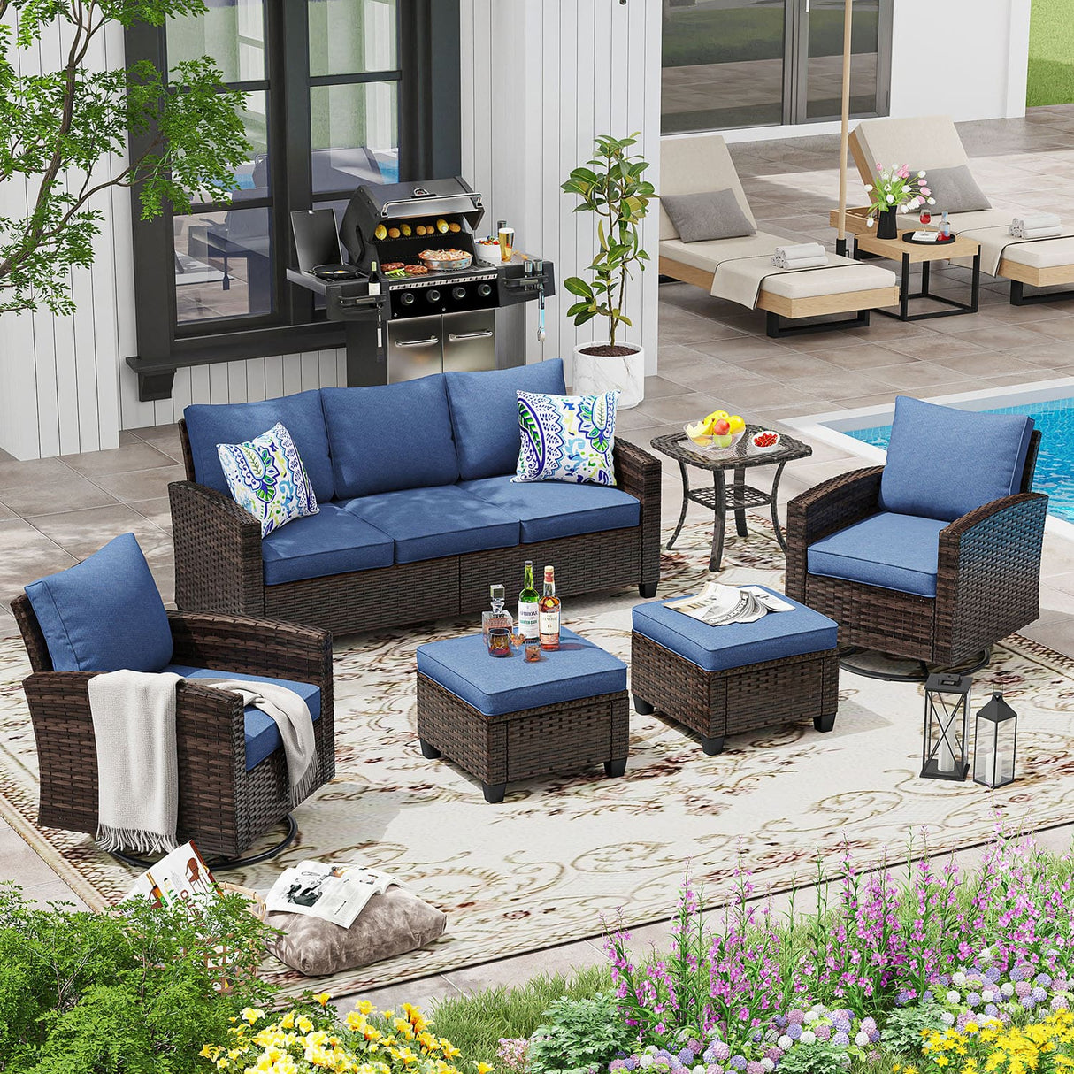 VICLLAX Versatile Wicker Patio Set: 5 Seater with Fire Table/Ottoman