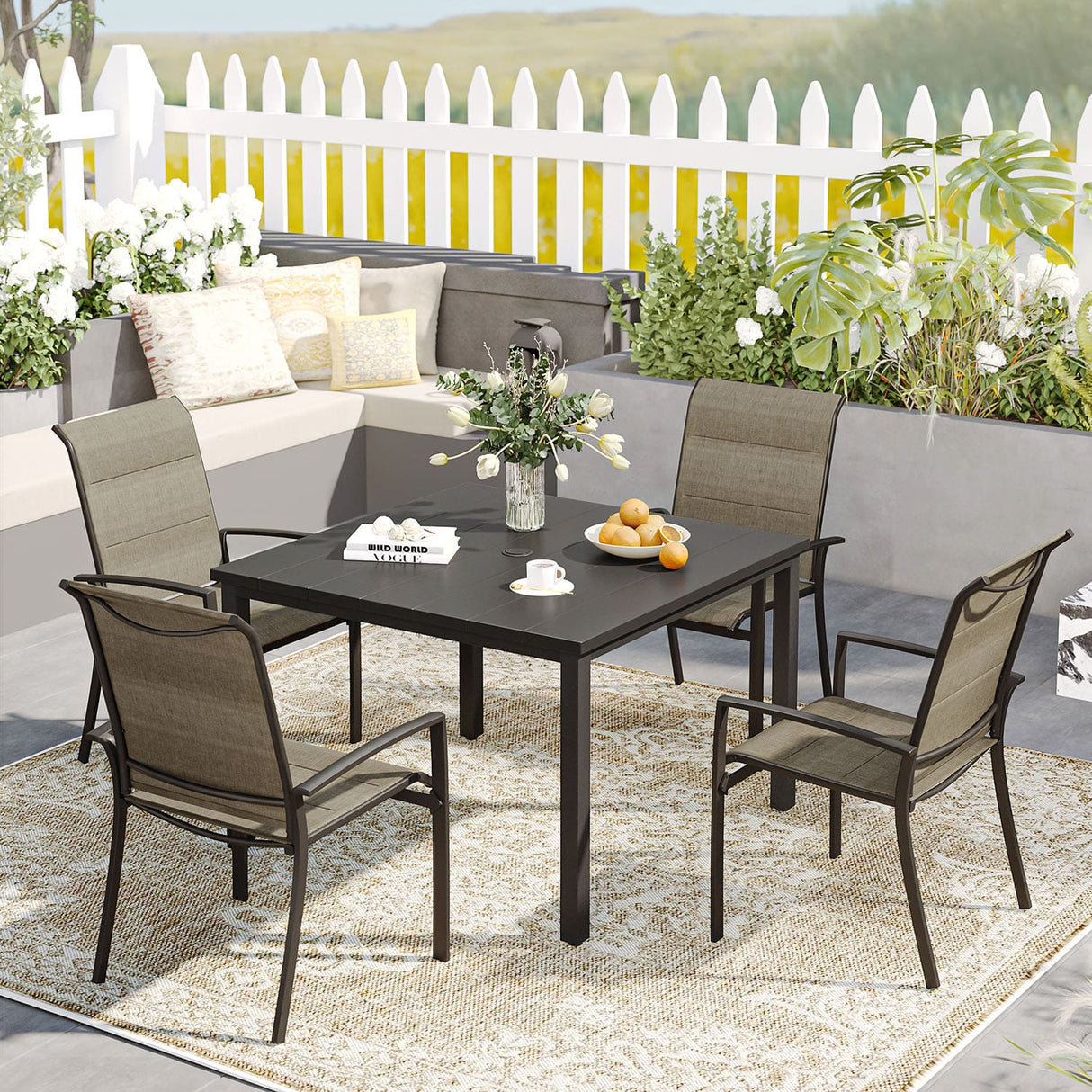 Vicllax 5 Pieces Outdoor Dining Set with 40" Square Table and Padded Stackable Chairs