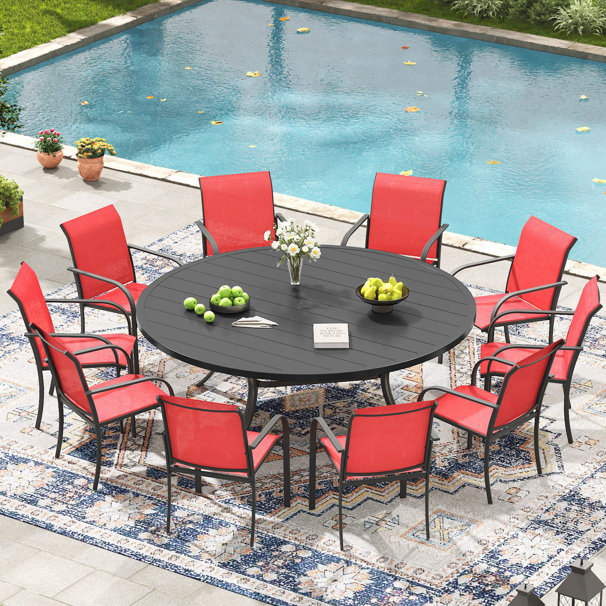 VICLLAX 11-Pcs Outdoor Dining Set, 63” Round Metal Table with Umbrella Hole & 10 Stackable Chairs