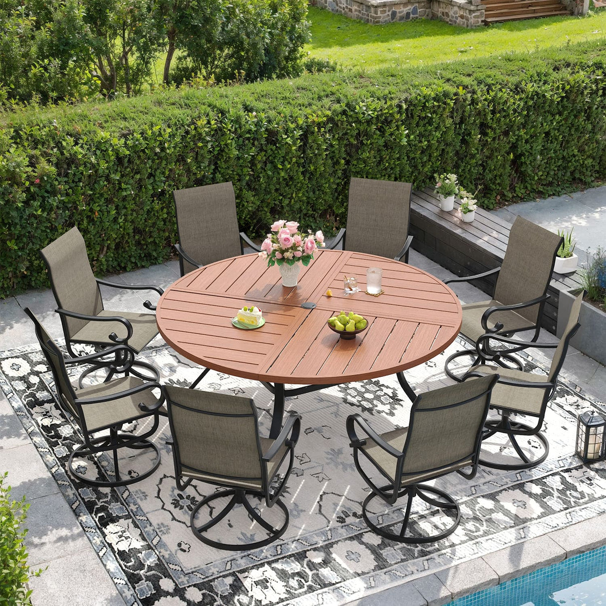 Vicllax 59.8" Patio Round Dining Table Set of 8, Metal Dining Table and Swivel Dining Chairs
