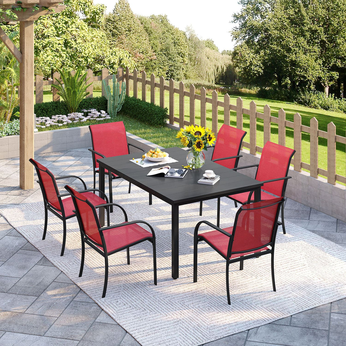Vicllax 7 Pieces Outdoor Dining Set with Metal Rectangular Table and Stackable Sling Chair
