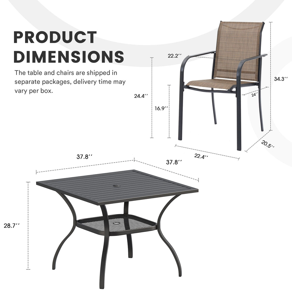Vicllax 5 Pieces Outdoor Dining Set, 37.8" Square Metal Table and Stackable Sling Chairs