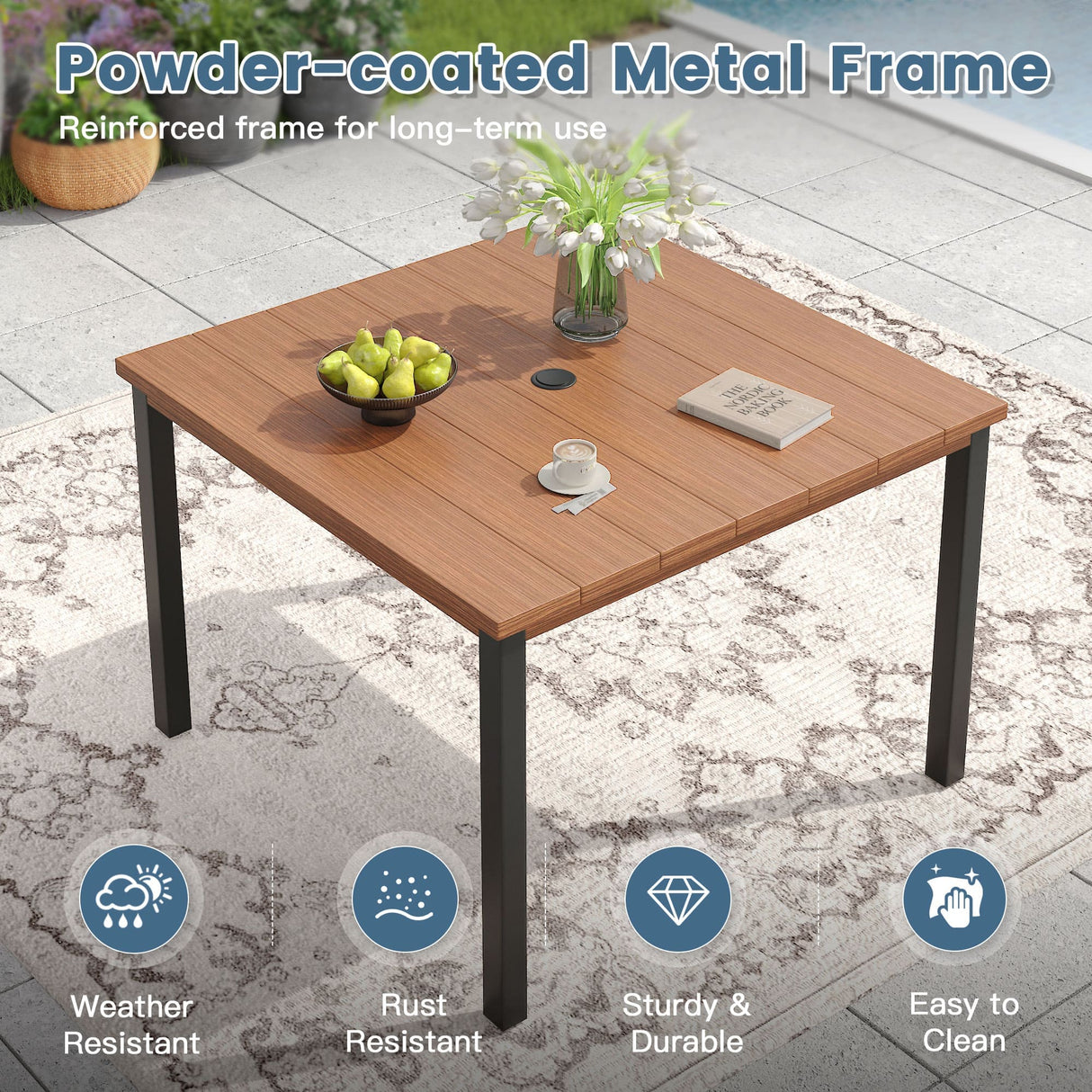 Vicllax 5 Pieces Outdoor Dining Set, Patio Rectangular Metal Table and Alora Stackable Chair