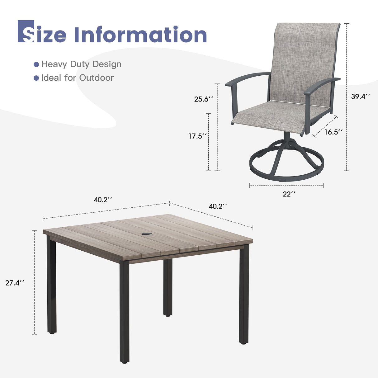 Vicllax 5pcs Outdoor Dining Set, Square Metal Table and 4 Textilene Swivel Chairs