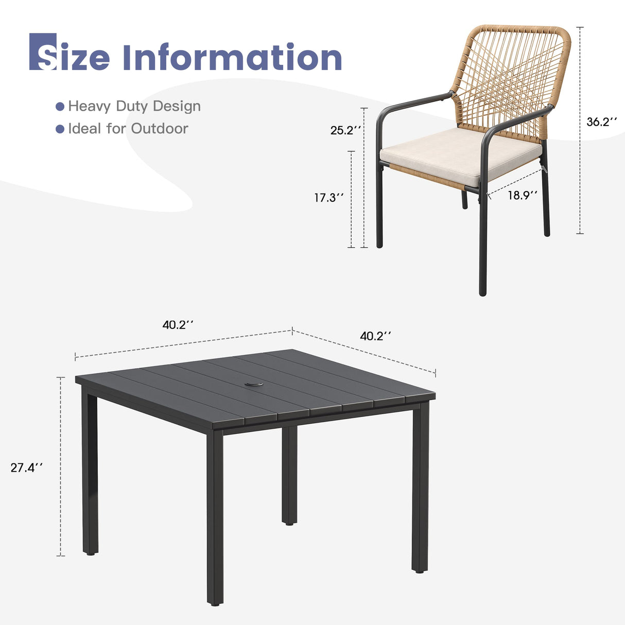 Vicllax 5 Pieces Outdoor Dining Set, Patio Rectangular Metal Table and Alora Stackable Chair